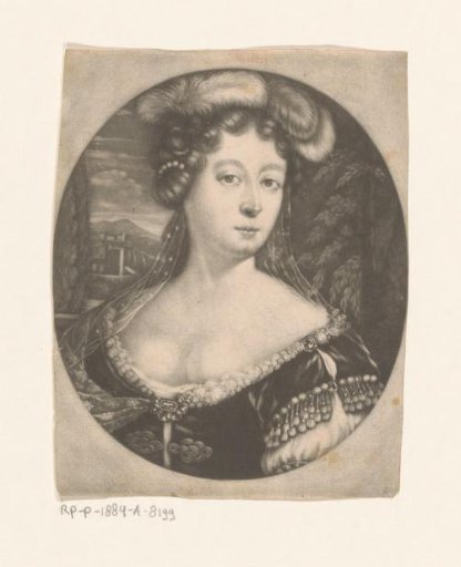 Portrait of an unknown woman with feathers and pearls in her hair and a dress with gemstones
