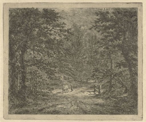 Shepherdess with cow in the woods
