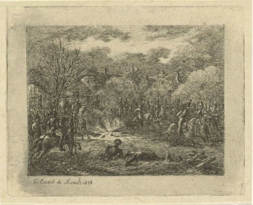 Cavalrymen around an Explosion in a Village