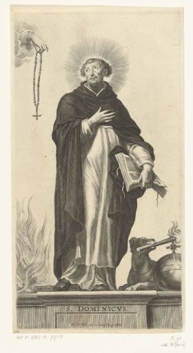 Saint Dominic with rosary and imperial orb and dog with burning torch
