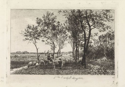 Landscape with shepherd and flock of sheep