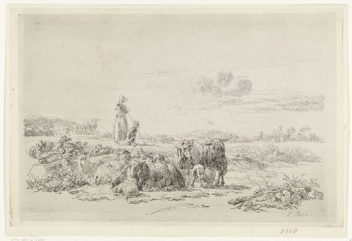Landscape with shepherdess and dog near a flock of sheep