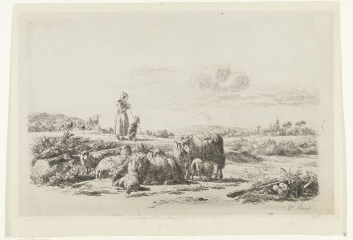 Landscape with shepherdess and dog near a flock of sheep