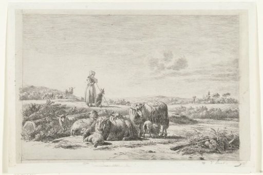 Landscape with shepherdess and dog near a flock of sheep