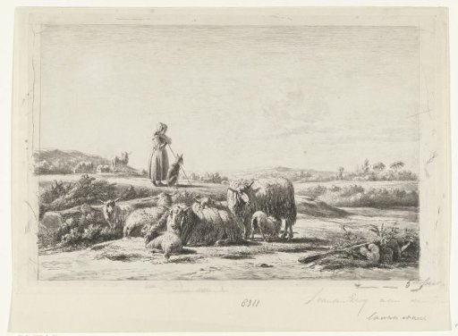 Landscape with shepherdess and dog near a flock of sheep