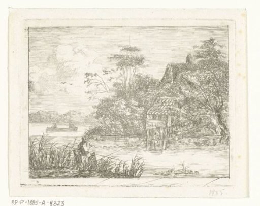 Landscape with a farm by the water and two fishermen