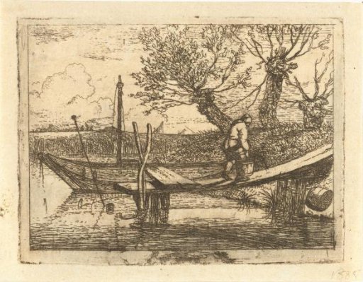 Landscape with a small landing stage on which a walking man with a bucket
