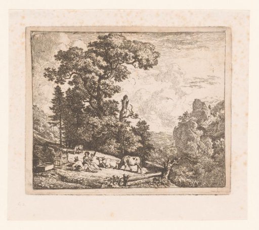 Landscape with man and woman in a meadow with three cows