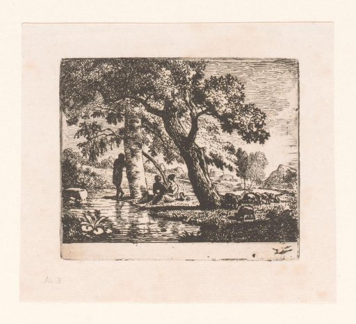 Three figures by a tree at the water