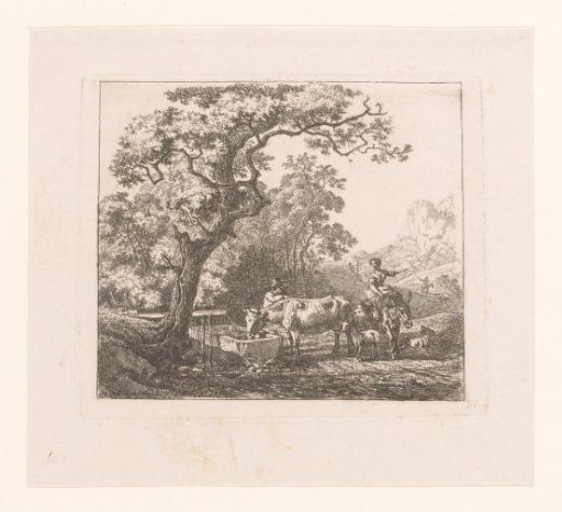Landscape with a man at a water trough for cattle and a woman sitting on a donkey