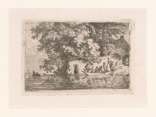 Landscape with figures and a donkey in a boat on the water