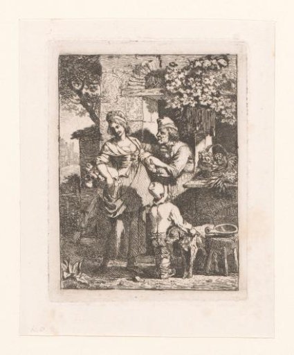 Man from a shop window holding the arm of a young woman