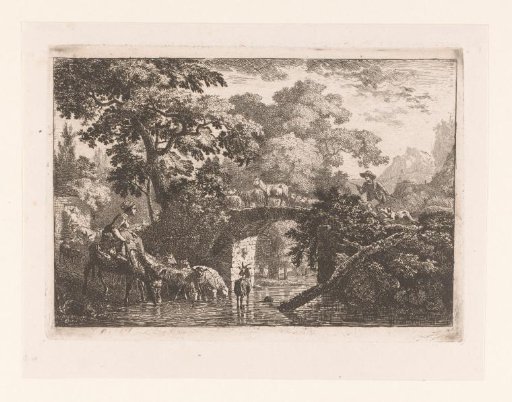 Shepherds with a herd of cattle by the water near a bridge