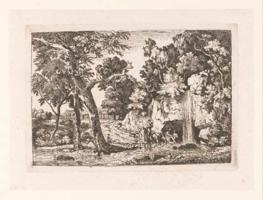 Landscape with a lyre-playing shepherd by a cave and waterfall