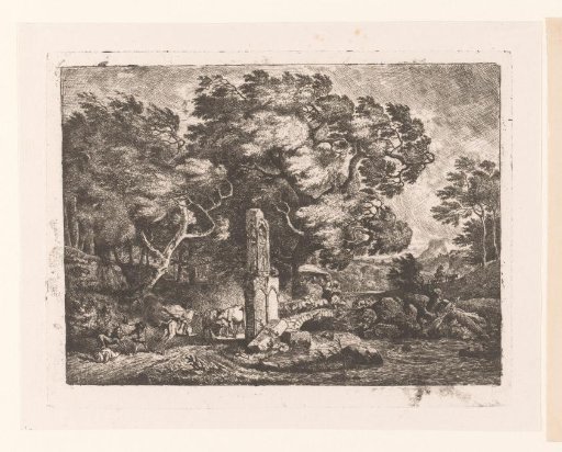A gust of wind blowing past trees and a stone bridge with figures and animals