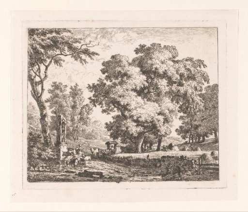 Landscape with cattle drinking water by a chapel