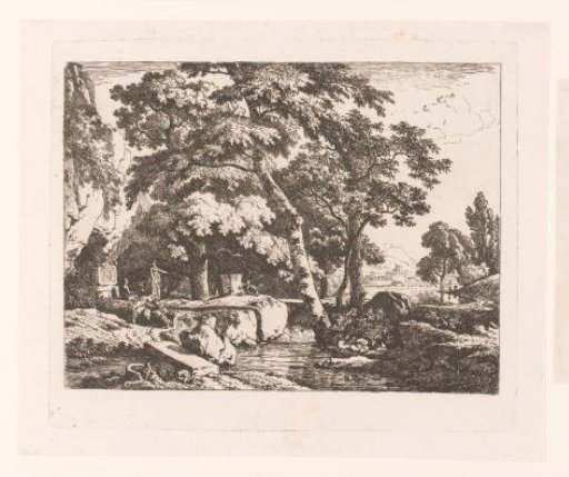 Landscape with two figures and a herd of sheep by an altar