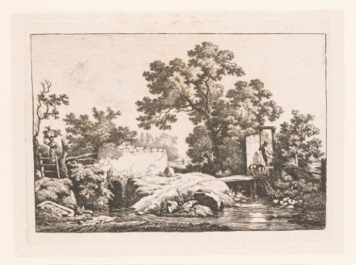 Landscape with bridges and a man walking with his dog through a gate