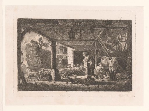 Stable with cattle and a hay wagon