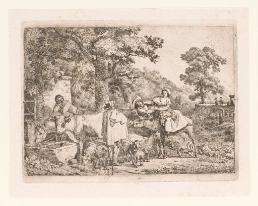 Three men and a woman with cattle by a drinking trough