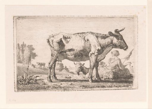 Landscape with a cow and goat by a spinner