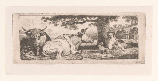 Shepherdess under a tree with two cows and a dog