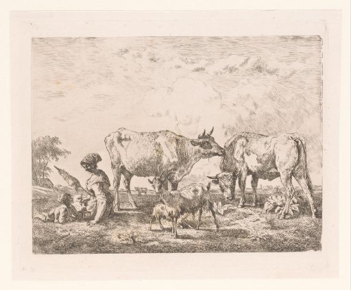 Spinner with child and bird sitting among cows and goats