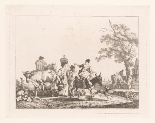 Group of figures with cattle walking towards a fountain