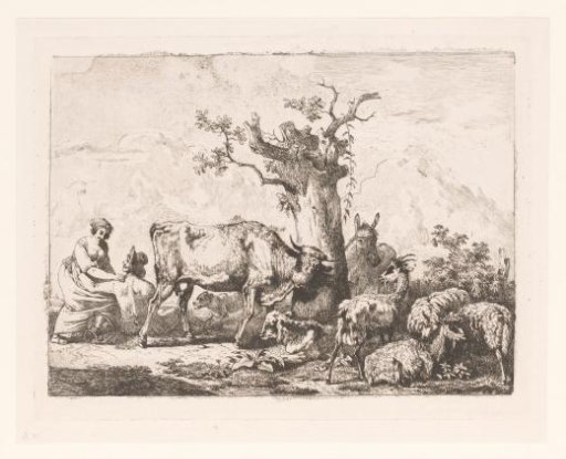 Landscape with cattle around a tree and a man and woman embracing
