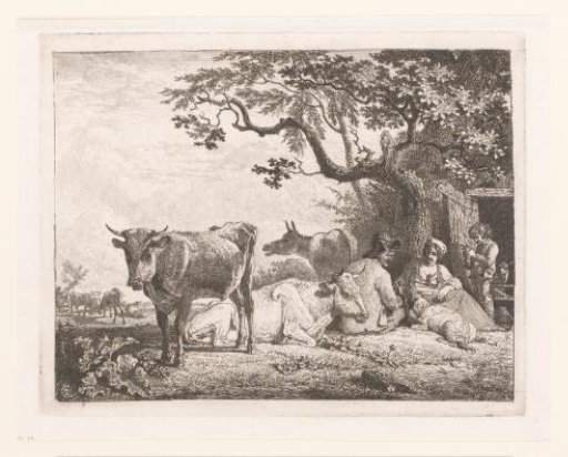 Family resting with cattle by a barn