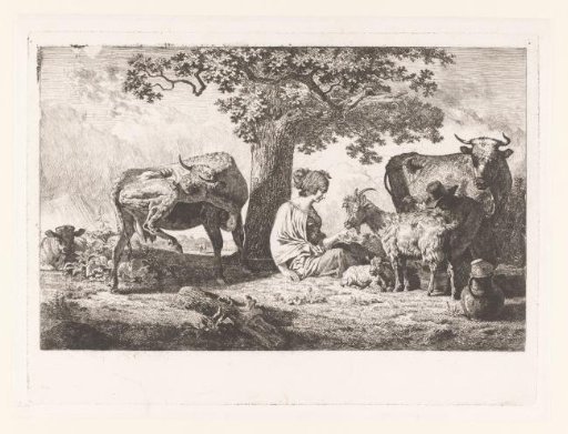 Man milking a goat while a woman feeds it