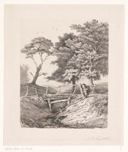 Girl with dog by wooden bridge