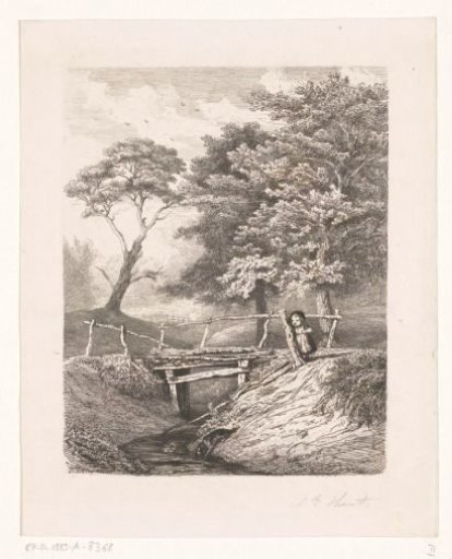 Girl with dog by wooden bridge
