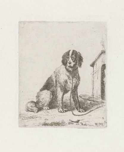 Seated Dog on a Leash by a Doghouse
