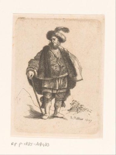 Man with Walking Stick and Fur Cape