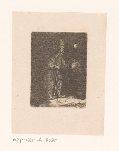 Man with Walking Stick and Lantern in Moonlight
