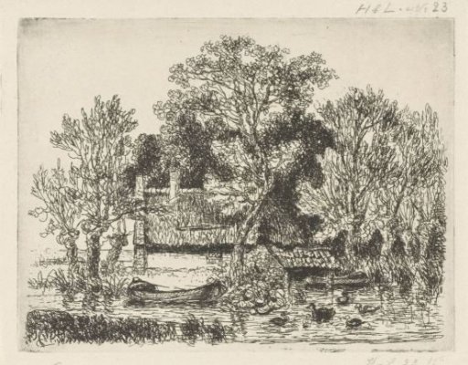 River view with a boat and ducks