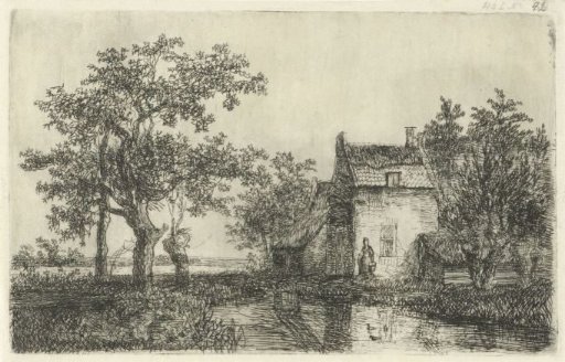 Woman with a basket in front of a farmhouse by the water