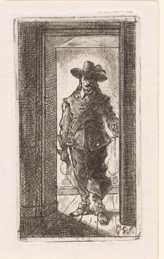 Man in seventeenth-century dress, standing in a doorway