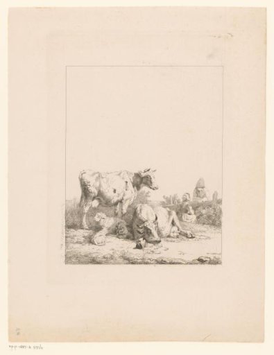 Sheep, Lamb, and Two Cows in a Meadow with a Farmer and Farmeress by the Gate