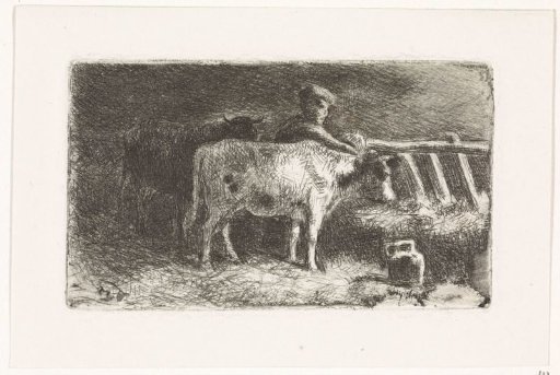 Farmer between two cows at a trough in a stable (small version)