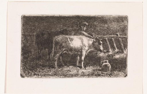 Farmer between two cows at a trough in a stable (small version)