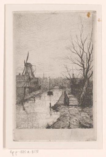 Landscape with canal, mill and footbridge