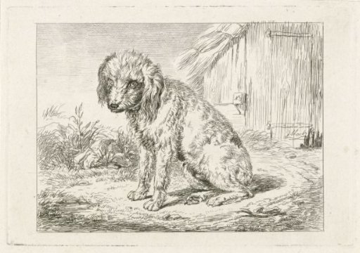 Sitting dog by a barn