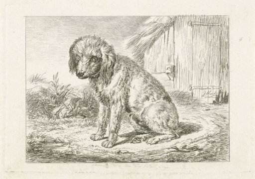 Sitting dog by a barn