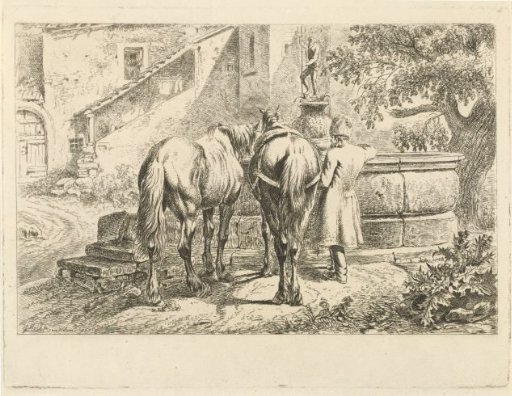 Drinking horses at a fountain