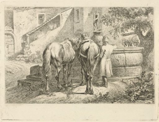 Drinking horses at a fountain