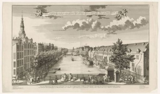 View of the Bosjes Sluis along the Kolveniers Burgwal towards the Zuider Kerx Tower, the East India House Dol-huis, the Brewery of the Amsterdam Arms, the Tower of the Kolveniers Doelen, and the Inner Amstel