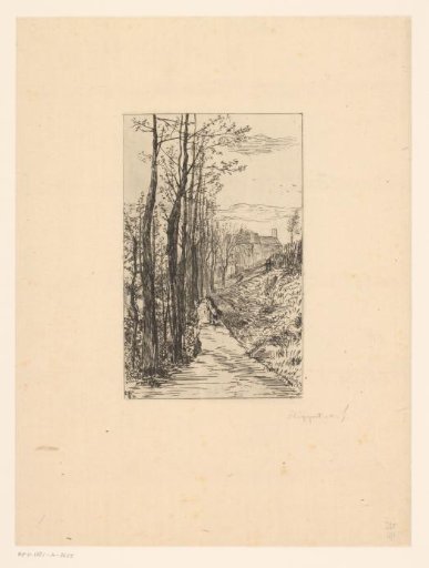 Landscape with a figure walking along a road towards buildings