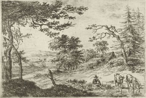 Landscape with shepherd and two cows by a pool of water